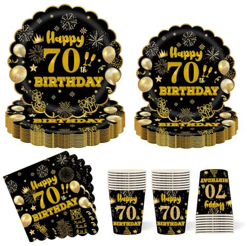 96Pcs Black Gold 70th Birthday Tableware Set,70th Tableware Decorations Plates and Napkins Cups Sets for Men,Women Birthday Gifts Dinnerware Supplies