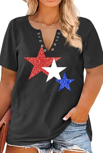 QAUN T-Shirt mit USA-Flagge, V-Ausschnitt: Damen-T-Shirt zum 4. Juli, patriotisches Hemd, amerikanische Flagge, sexy, kurzärmeliges Oberteil, V-dunkelgrau4, 4X-Large Mehr