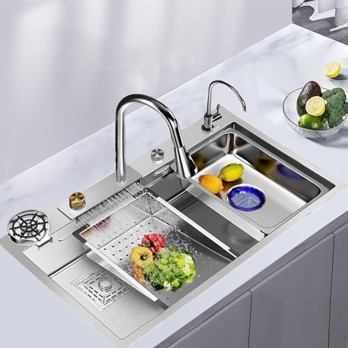 Évier de cuisine multifonction cascade, évier de cuisine professionnel à poser, lavabo en acier inoxydable, avec robinet extractible haute pression, finition brossée 68 * 45 * 21cm
