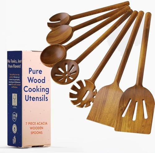 Non-Toxic Cooking Utensils – 6-Piece Kitchen Utensils Set, Glue-Free & One-Piece Wooden Spoons for Cooking, Natural Wooden Utensil Set with Plant-Based Finish, Free of Forever Chemicals