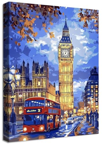 Londoner Stadt Großer Ben Roter Bus Leinwand Bilder Mit Rahmen Blau Gelb Rot Bild Wandbilder Wandkunst Kunstdruck auf Leinwand Malerei Wohnzimmer Korridor Schlafzimmer Badezimmer Wanddekor 30x40cm