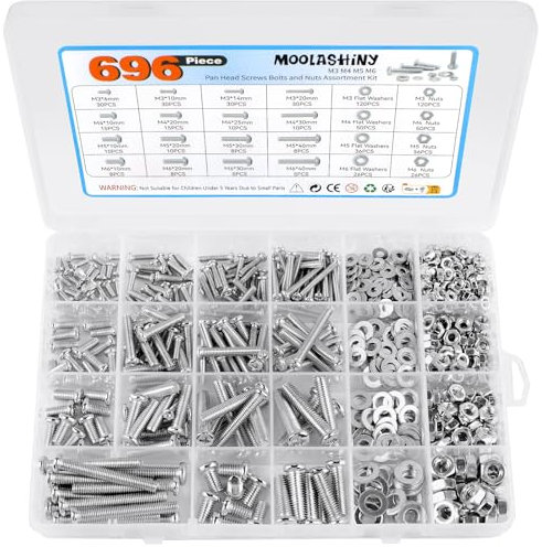 696Pcs Screws nuts and bolts assortment, 16 Sizes M3/M4/M5/M6 Cross Pan Head Screws Nuts Flat Washers Assortment Kit, Machine Screws Assorted Nuts and Bolts Set