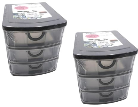 2er Set Schubladenbox Kunststoff 19 x 14,5 x 16 cm 3 Schubladen Organizer Stapelbar Sortierbox Kleinteilebox