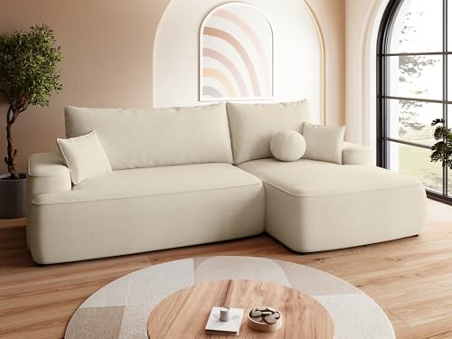 BROMARKT Ecksofa mit Schlaffunktion Sofa mit Bettkasten Beige Rechts | Wohnlandschaft Eckcouch Freistehend Couch Polstercouch Schlafcouch Stauraum 250 cm Breite 4 Sitzer Stoff Curio Schlafsofa