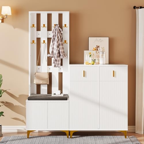 ModernLuxe Coat Rack with Shoe Storage, Elegant Coat Stands for Hallway, Stylish Wardrobe Set with 8 Coat Hooks, Soft Cushion and 2 Shoe Cabinets, Sturdy Wooden Clothes Rail with Bench Seat, White