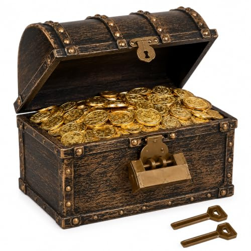 BESTYASH Coffre au trésor enfant, grand modèle bronze antique serrure | Coffre de style pirate combine rangement et jeu de chasse au trésor pour chambre d’enfant, école et anniversaire