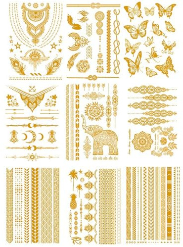 Qwrqwr Glitzer Tattoos Goldmetallic Festival Set Aufkleber Tattoo Festival Accessoires Lang anhaltende temporäre Tattoos zum Aufkleben Für Erwachsene Halloween Party Karneval Musikfestival