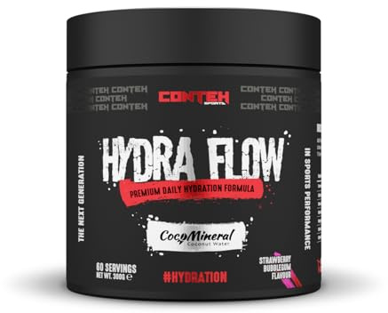 Conteh Sports Hydra Flow Premium Daily Electrolyte & Rapid Hydration Powder with CocoMineral®, Vitamins & Minerals for Post-Workout & Daily Use, 60 Servings (300g, Strawberry Bubblegum)