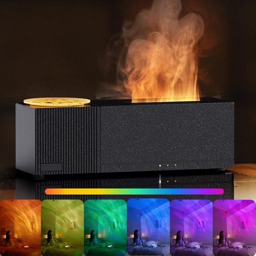 Flamme Aroma Diffuser mit Sternenhimmel-Projektion,Duftöl Diffusor für Ätherische Öle,150ml Luftbefeuchter mit Fernbedienung,Timer,Wasserlose Abschaltautomatik für Zuhause Büro Schlafzimmer (Black)