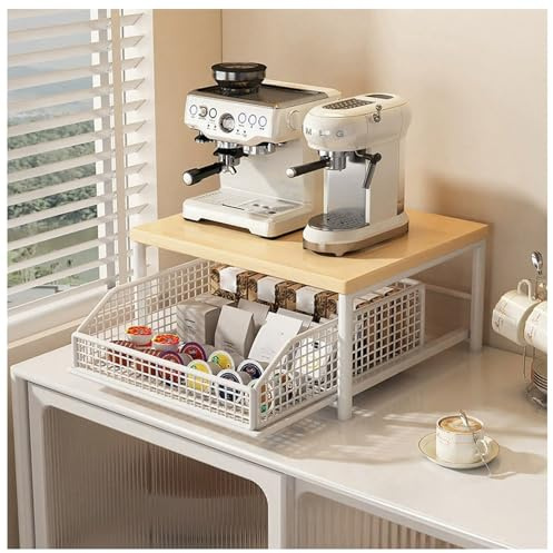 Etagère de Rangement pour Machine à Café,Support de Table à Micro-Ondes à 2 Niveaux Avec Tiroir Coulissant,Support de Rangement pour Imprimante de Comptoir, Pour Le Garde-Manger ou le Bureau (White)