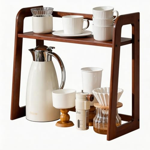 XIKEMADI Natural Bamboo Coffee Station Organizer, 2-Tier Wooden Kitchen Counter Shelf for Bar Accessories, Multi-Functional Countertop Storage Rack for Syrup Bottles & Coffee Essentials (Dark Brown)