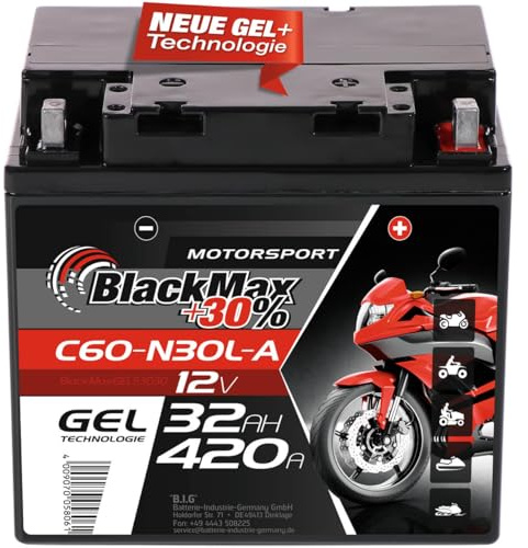 BlackMax Motorradbatterie GEL 12V 32Ah 420A EN DIN 53030 | Pluspol rechts 181 x 123 x 166 mm wartungsfrei und direkt einsatzbereit