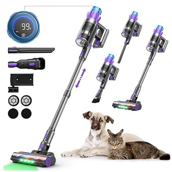 Aspirapolvere Senza Fili Potente, 55KPA/580W/70Min Scopa Elettrica Senza Fili con Display Intelligente e Anti-Avvolgimento, Luce LED Verde, Aspirapolvere potente per Pavimenti/Tappeti/Peli Animali