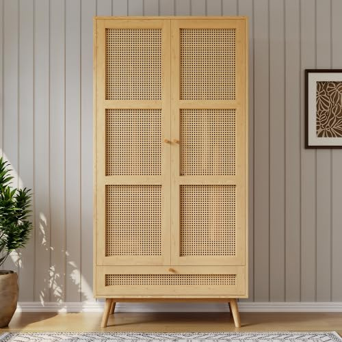 Merax Kleiderschrank Landhausstil Natur 90x45x183 cm – Vintage Holz Schrank mit Rattan, 2 Türen, Kleiderstange & Flip-Top-Deckel – Begehbarer Kleiderschrank/Garderobenschrank