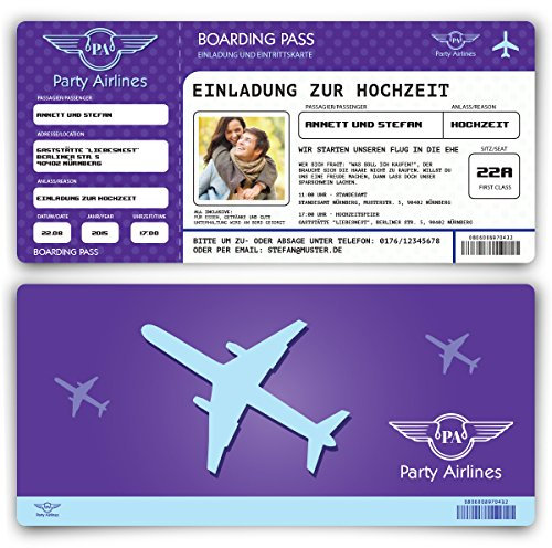 Einladungskarten zur Hochzeit (60 Stück) Flugticket Lila Ticket Einladung Karte mit Foto