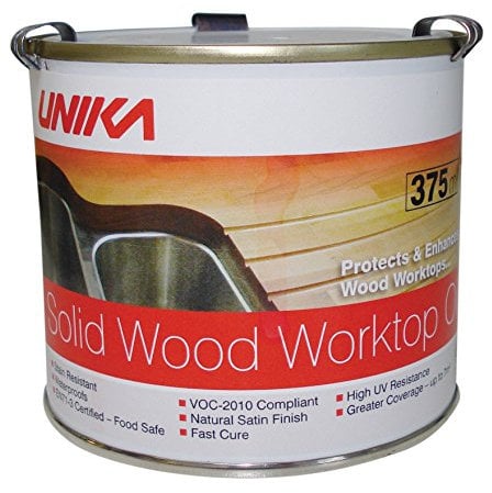 Unika Solid Wood Worktop Oil – Fast Cure & Stain Resistant Wood Treatment – Water Resistant Wood Oil for Kitchen Worktops, Wooden Surfaces & Indoor Use – Supplied in the UK – 374 ml