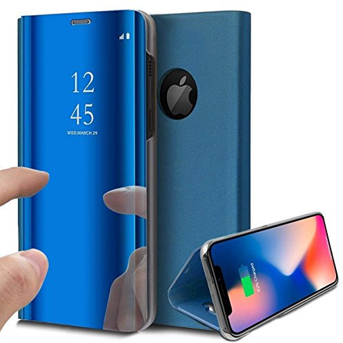 Herbests Hülle Kompatibel mit iPhone XS Max Spiegelhülle Ledertasche Überzug Mirror Clear View Flip Cover Hülle Bookstyle Dünn Handyhülle Tasche Lederhülle Klapphülle,Blau