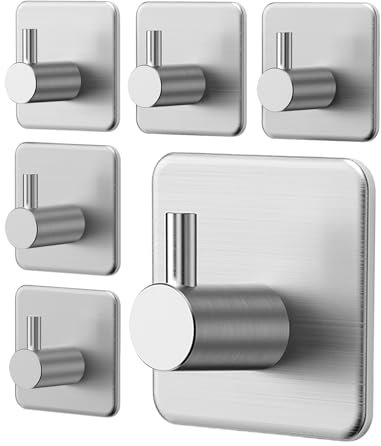 Auxmir Ganchos Adhesivos para Pared, Acero Inoxidable Colgador Toallas sin Taladro, Toalleros Autoadhesivo Extrafuerte para Baño Cocina Albornoz Trapos, Gris, 6 Piezas