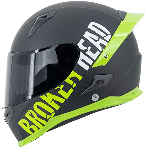 Broken Head BeProud Pro Motorradhelm Grün Mit Spoiler - Integral-Helm Mit Klarem + Schwarzem Visier - Gr. XS (53-54 cm)