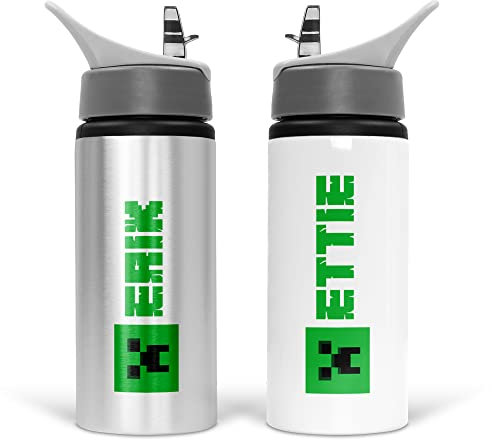 Print Maniacs Personalised Water Bottle Mine Icon School Sport Drink 600ml Leakproof Spill Proof Aluminium Hot Cold Flip up Kid Boys Girls Biking Gift (Green)