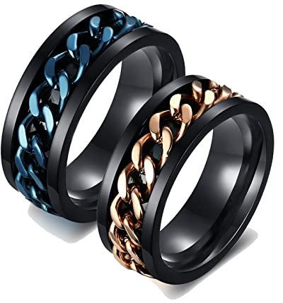 ANAZOZ 2 Stück Eheringe Paarpreis Edelstahl 8mm Bicolor Poliert Drehbar Kette Damen Partnerringe Bandringe Herren Ring Breit Blaue Rosegold Trauringe Damast Frau:67 (21.3) & Mann:57 (18.1)