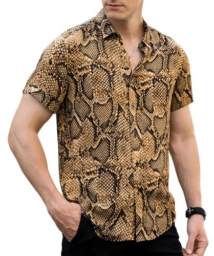 LOGEEYAR Mens Fashion Shirts Leopard Snakeskin Print Button Down Summer Short Sleeve Casual Shirt, A-yellow(snakeskin), 3XL
