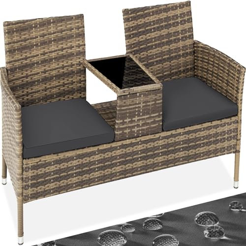 TecTake Salon de Jardin en résine tressée canapé Banc avec Table intégrée avec Verre de sécurité + Coussins - diverses Couleurs au Choix - (Marron Naturel Gris Foncé | No. 404560)