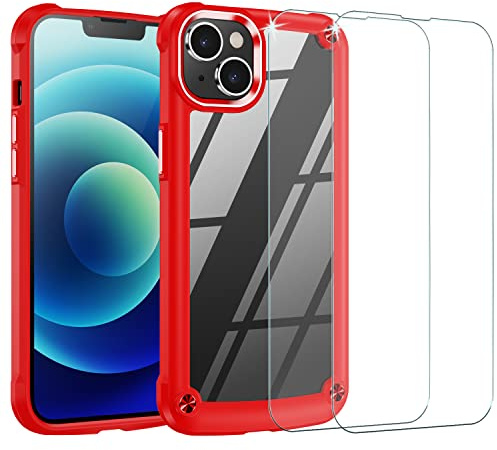 TECHGEAR iPhone 14 Plus Tough Case, [Fusion Armour] + 2 Pack Glass Screen Protector, Premium Hybrid Rugged Protective Bumper Case Heavy Duty Protection, Clear Back Designed For iPhone 14 Plus - Red