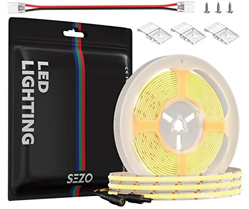 SEZO FCOB Dimmbar Hohe Dichte LED-Streifen, 12V 5M 480LEDs/M COB Warmweiss 3000K LED Strip Lights, COB Lichtband Flexibel Unterbodenleuchte, für Wohnzimmer Schlafzimmer DIY Innenbeleuchtung