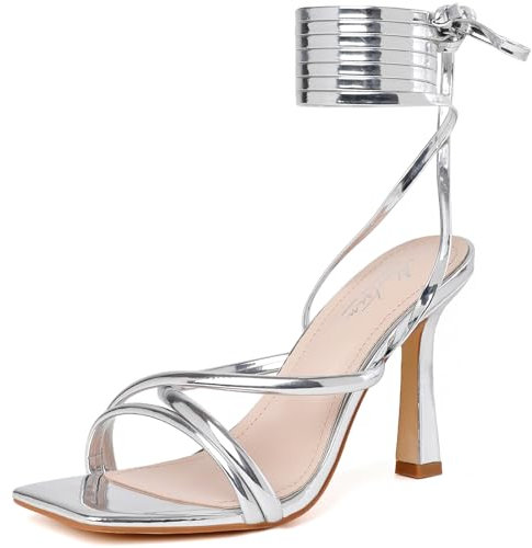 Mostrin Hohe Sandalen, Riemchen-Absätze für Damen, Schnürabsätze, sexy, Stiletto-Sandalen, quadratisch, offener Zehenbereich, High Heels für Abschlussball, Party, Splitter, 42 EU