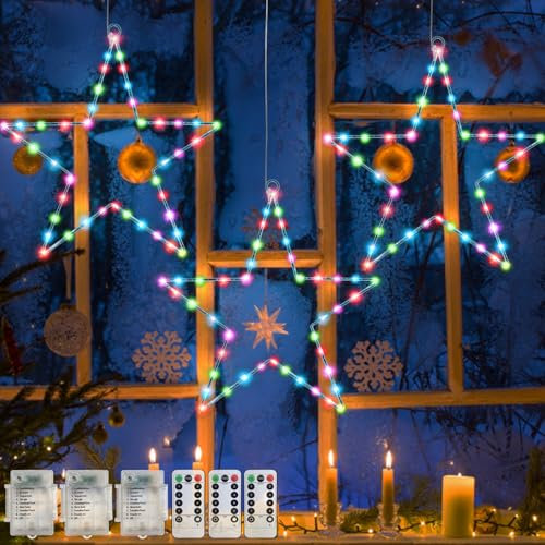 Jsdoin Christmas Window Lights 3 Packs Battery Operated Star Christmas Lights with 8 Modes & Remote 45 LED Window Warm Light for Party Indoor Outdoor Window Xmas Decoration (Multicolour)