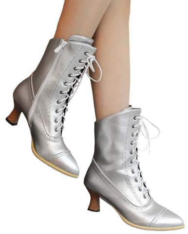 Stiefel Damen Vintage Viktorianische Stiefel Schnüren Gothic Renaissance Mittelalter Schuhe Mit Absatz Silber 40