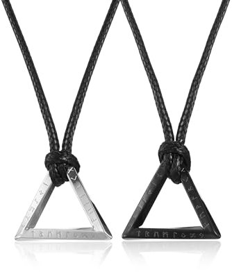 PiercingJak Partner Kette Wikinger Rune Halskette für Herren Frauen Geflochtene Lederkette mit Edelstahl Triangel Runen Anhänger Nordische Glück Schmuck Amulett Geschenke für Männer Damen