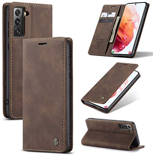 owlhold Hülle Samsung S21 Plus klapphülle Premium Lederhülle Weiches Vintage-Nubukleder Faltbare Ständer Schutzhülle Kartenfach Standfunktion klapphülle Samsung Galaxy S21 Plus 5G -Kaffee