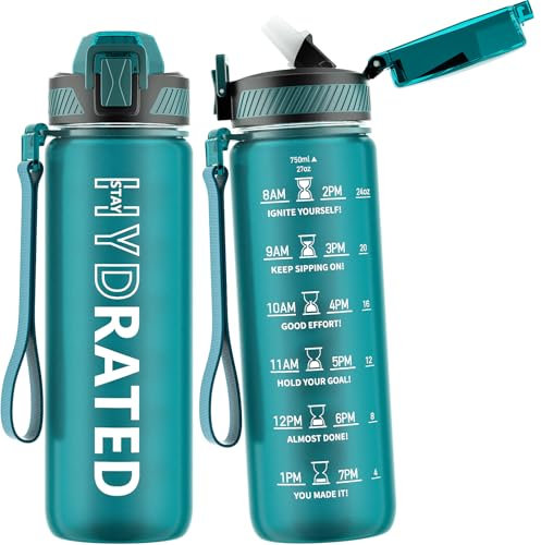 QLUR Trinkflasche 750ML, BPA-Frei Tritan Wasserflasche mit Strohhalm, Trinkflasche Sport Auslaufsicher mit Zeitmarkierung und Bürste, Sportflasche für Fitness, Schule, Seeufer Grün (1 Flasche)