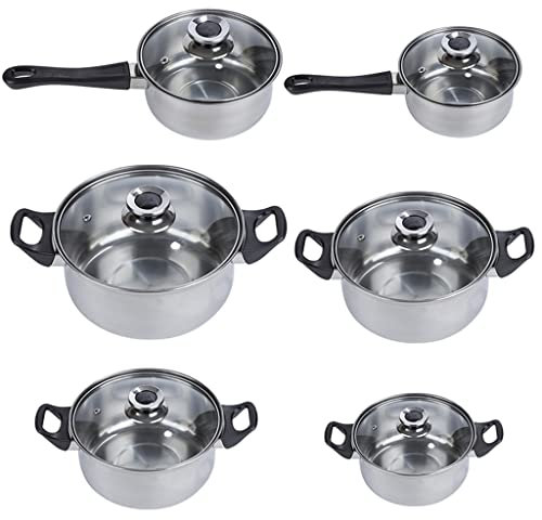 ASumPio 6PCS Stainless Steel Cooking Pot& Pan Sets Cookware Set Kitchen Induction Saucepan Casserole Pan Glass Lid Pans,