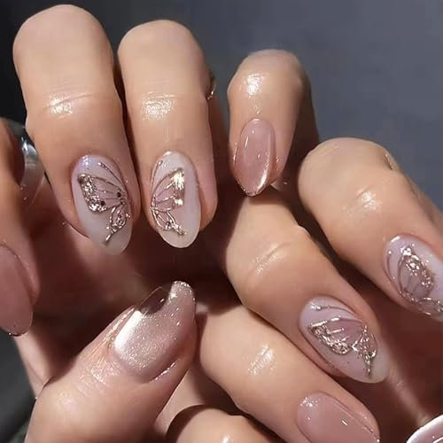 24PCS Short Almond Press On Nails for Women, Glossy Purple Fake Nails with 3D Butterfly Design, Full Cover Acrylic Stick On Nails with Adhesive Tabs for Easy DIY Nail Art