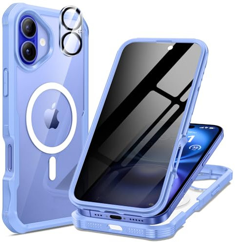 seacosmo Magnetic for iPhone 16 Case, Privacy Phone Cover Compatible with Magsafe Built-in Anti Peep Tempered Glass Privacy Screen Protector and Camera Protective Full Body Shockproof Case - Blue