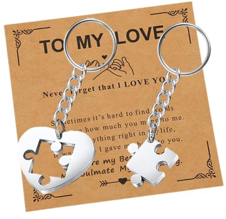 2Pcs Couples Keyrings, Jigsaw Puzzle Matching Keychains with Card, Romantic Gifts for Him or Her,Valentines Day Birthday Long Distance Relationship Gifts for Boyfriend,Husband,Wife or Girlfriend