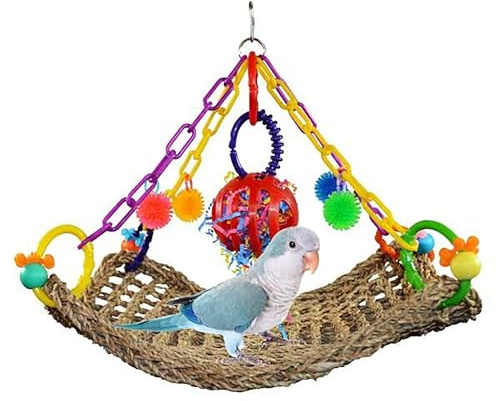 Super Bird Creations SB748 Flying Trapeze Bird Toy for Conures, Quakers, Cockatiels, Parrots, Senegals, Multi-Colored Chain, Seagrass Mat, Enrichment Toy - Medium Bird Size, 14 x 13 x 12