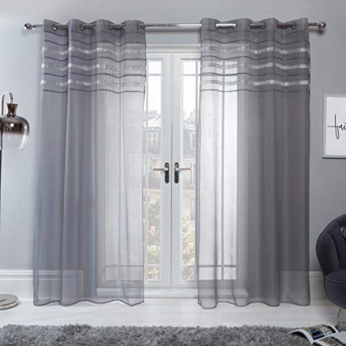 Sienna Voile Net Curtains for Windows Latina Diamante Band Eyelet Ring Top Sheer Curtains for Living Room Bedroom Soft Luxury Charcoal Grey Net Curtain 2 Panel, 55 x 87