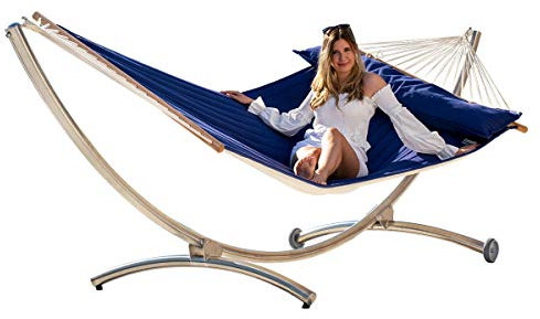 Hängemattenset Lola Royal Deluxe Edelstahl Hängemattengestell mit gefütterter, wetterfester Stabhängematte American Lifestyle Ocean mit Kissen