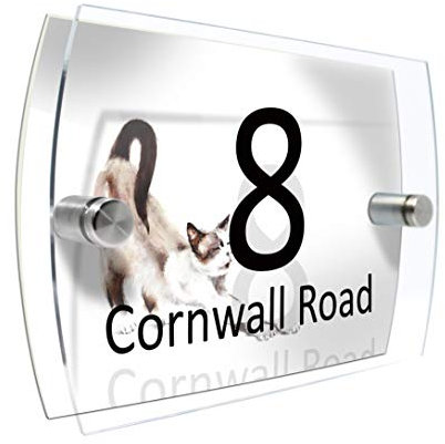 Colourbat Watercolour Animals Personalised Modern House number Sign Name and Number Street Wall Plaque (Cat Stretching)