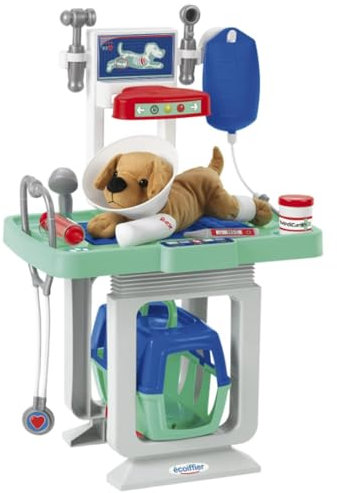 Ecoiffier – Spielset Tierklinik - 15-teiliges Tierarzt Spielzeug für Kinder, inkl. Plüschhund, Verband, Untersuchungswagen, Tragekorb, für Kinder ab 18 Monaten
