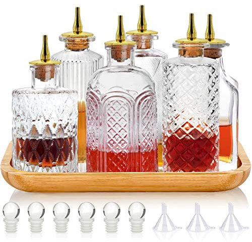 LINALL Bitters Bottle Set di 6 bottiglie di vetro vintage con vassoio bottiglie decorative con Dash Top e tappo di bottiglia Dasher bottiglie per rendere cocktail ideale per barista casa bar