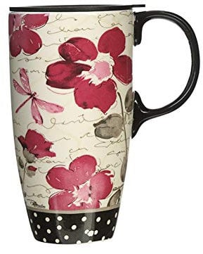 DUSVALLY Ceramic Mug Large Coffee Cup Tall Travel Mugs Porcelain Latte Tea Cup with Lid 17oz.Red Flower