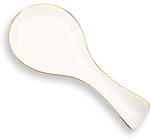 Soporte de Cuchara de Cerámica con Borde Dorado Portacuchara Blanca Reposa para Cuchara de Estufa para Accesorios de Bar de Café Estufa Cocina