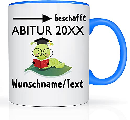 Print-Klex Tasse mit Namen und Abitur Motiv Bedruckt Namentasse Namensbecher mit Abitur Motiv Geschenktasse Weiß/Blau Kaffeebecher Geschenk Becher Spruchtasse Keramik mit Druck 330ml Tasse mit Text