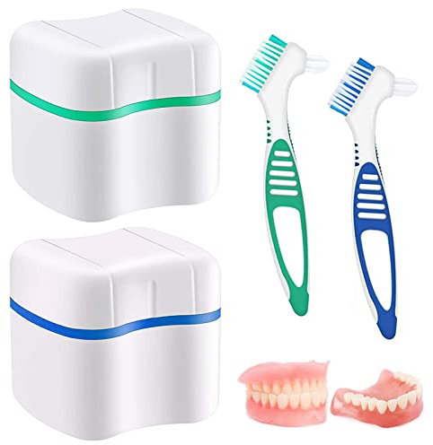 Guador 2 Stücke Zahnprothese Etui 2 Prothesen Reinigerbürsten Prothesen Bade Box Zahnprothesen-Box Prothesen Reiniger Bürste Prothesen Zahnbürste Prothesen Becher Box Bade Prothesen Behälter mit Korb