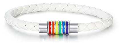 LAFATINA LGBT Leder Manschetten Armband Unisex Schwul Lesbisch Handgefertigt Magnetverschluss, Weißes Armband, 20,3 cm